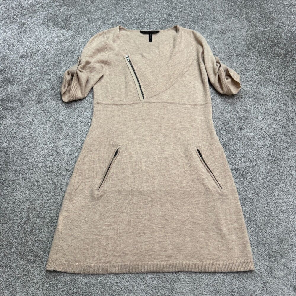 BCBGMaxazria Lambswool Midi Sweater Dress Womens Small Beige Roll Tab Sleeve